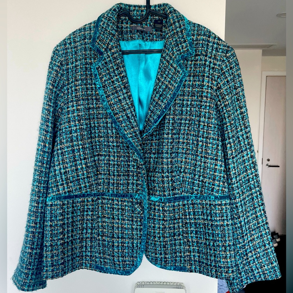 Liz Claiborne Teal Tweed Blazer with Crushed Velvet Trim